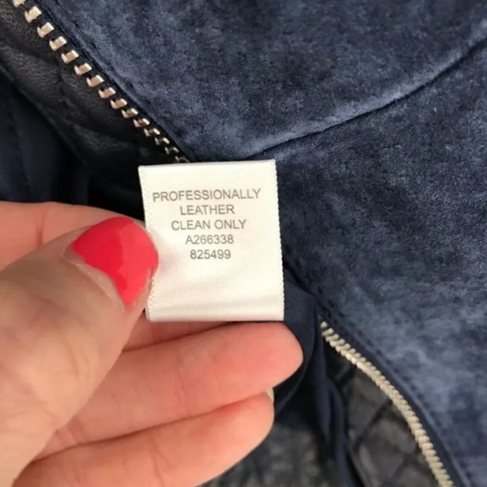 Isaac Mizrahi Live navy long sleeves leather jacket zipper closure women size 10